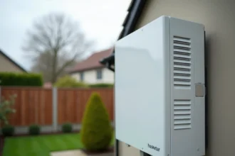 Pompe à chaleur air-eau Gree installée sur la façade extérieure d'une maison moderne avec tuyauterie cuivre visible