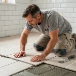 Homme posant lui-même du carrelage au sol dans une salle de bain en rénovation, avec truelle et colle à carrelage