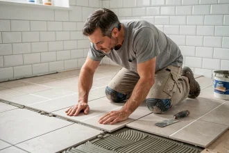 Homme posant lui-même du carrelage au sol dans une salle de bain en rénovation, avec truelle et colle à carrelage