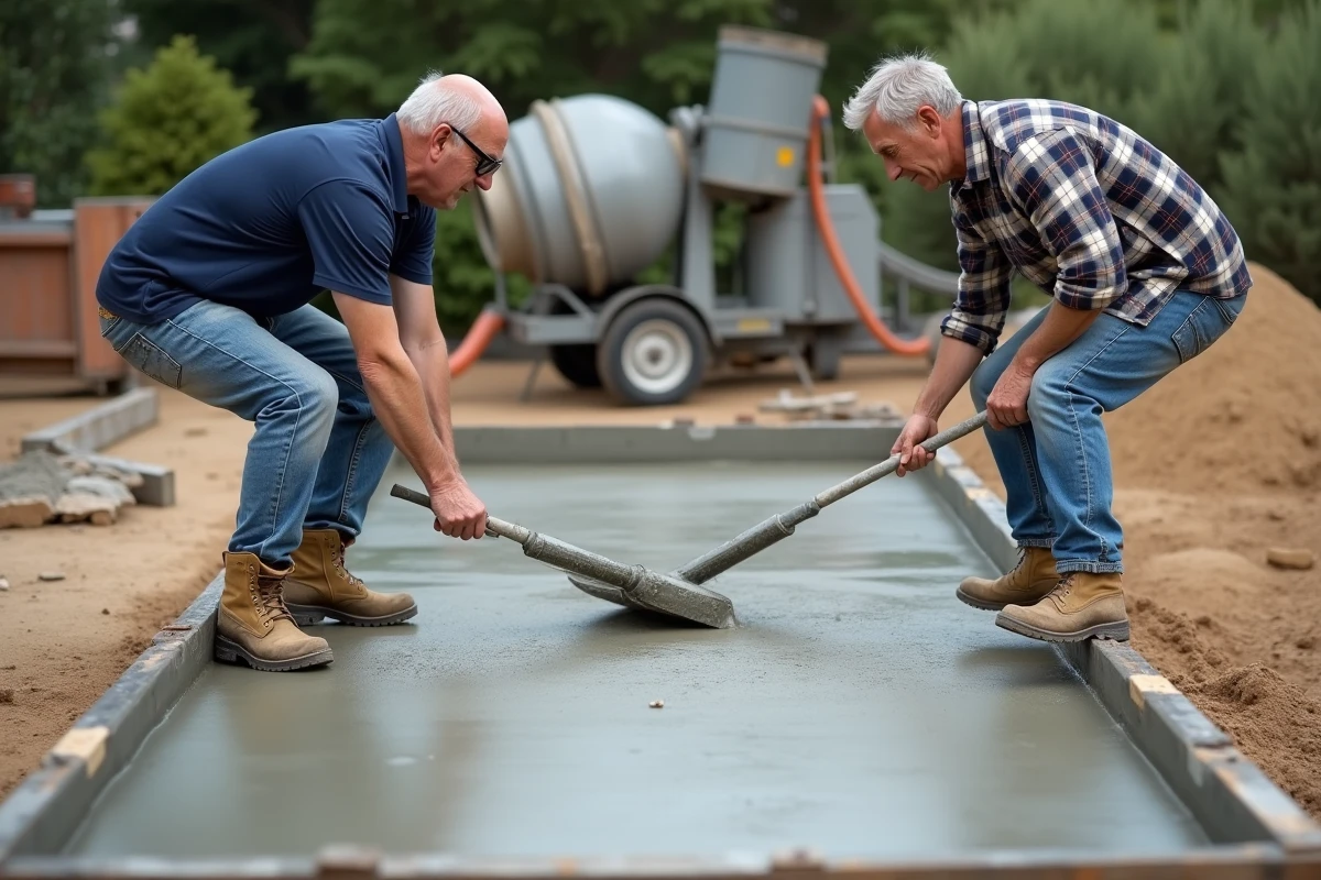 Deux hommes réalisant la chape d'une dalle béton soi-même avec une règle à araser sur une terrasse en construction