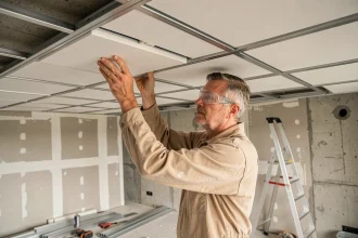 Artisan en train de poser un faux plafond suspendu dans une pièce en rénovation, illustration du coût de main-d'œuvre au m²