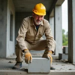 Ouvrier posant des hourdis entre des poutrelles en béton sur un chantier de construction de plancher