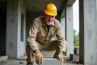Ouvrier posant des hourdis entre des poutrelles en béton sur un chantier de construction de plancher