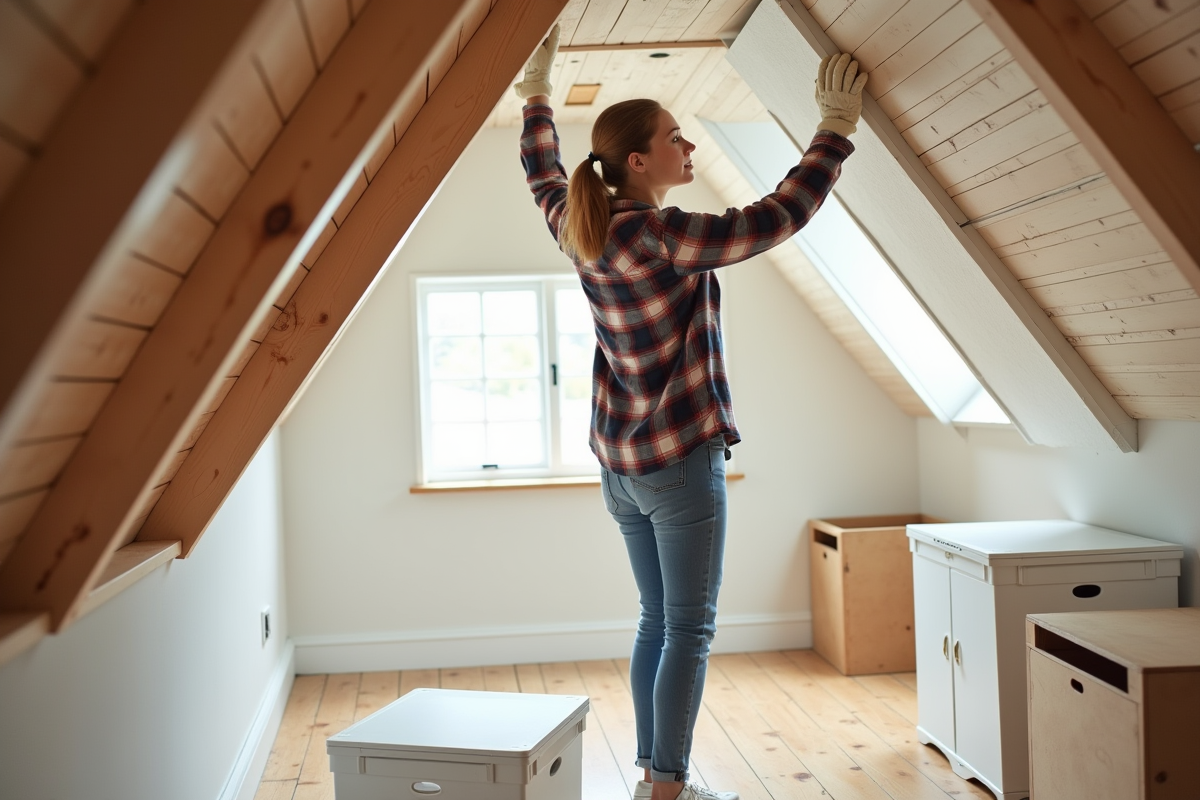 Jeune femme posant des panneaux d isolation dans un grenier moderne