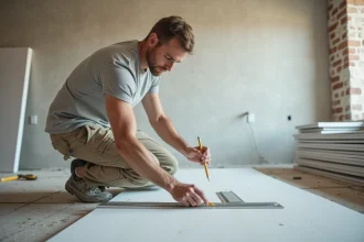 Artisan en train de mesurer des plaques de placo pour un doublage thermique en rénovation intérieure