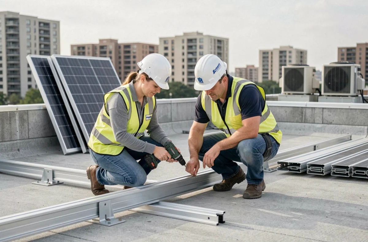 Deux installateurs de panneaux solaires fixant des rails de montage sur un toit plat en milieu urbain