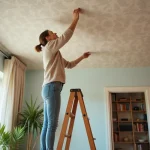 Femme appliquant du papier peint dans un salon cosy