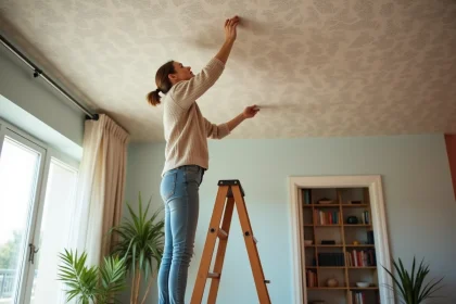 Femme appliquant du papier peint dans un salon cosy