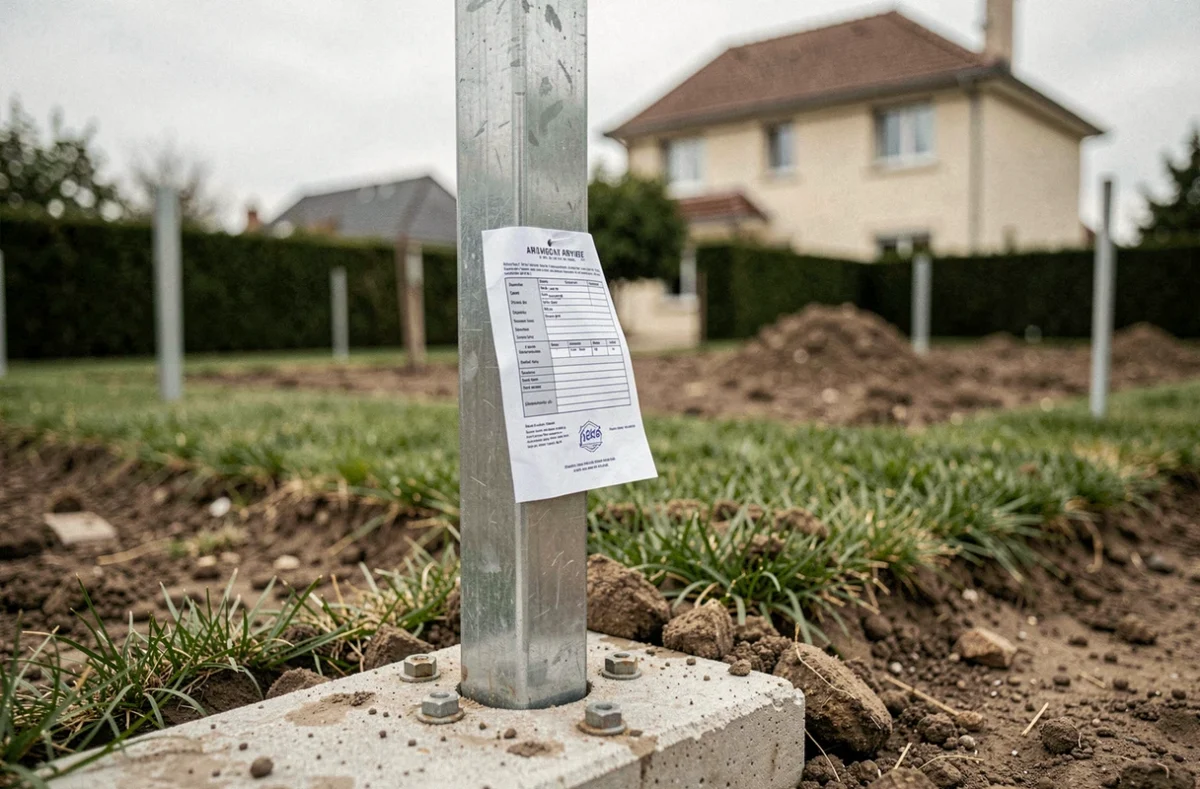 Détail d'un poteau de clôture métallique installé en limite de propriété avec un document administratif de déclaration préalable