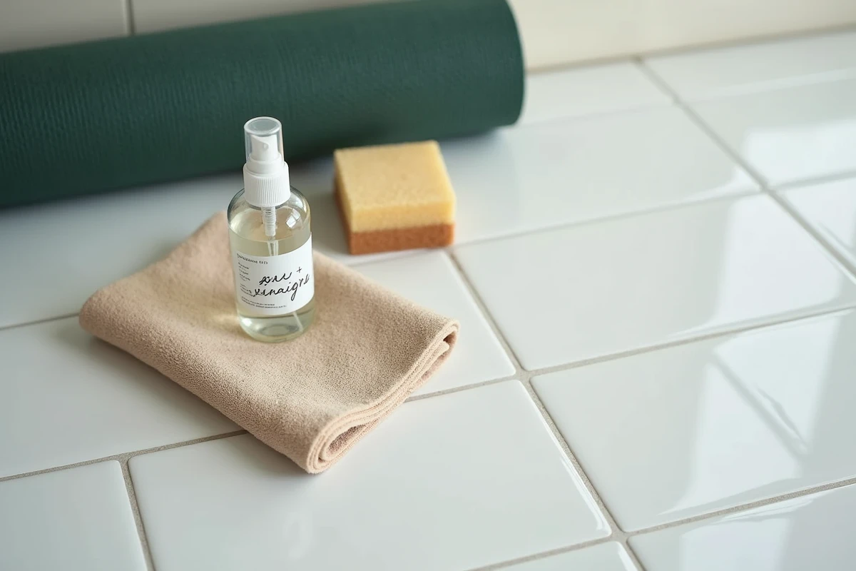 Produits naturels pour entretenir un tapis de sol pas cher : spray vinaigre, éponge et chiffon microfibre sur carrelage blanc