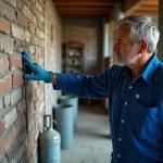 Homme en overalls appliquant un traitement sur un mur humide