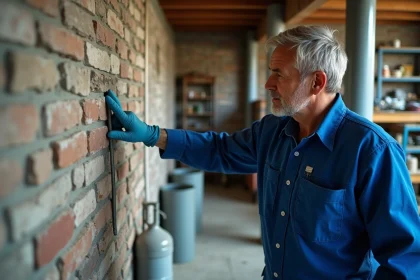 Homme en overalls appliquant un traitement sur un mur humide