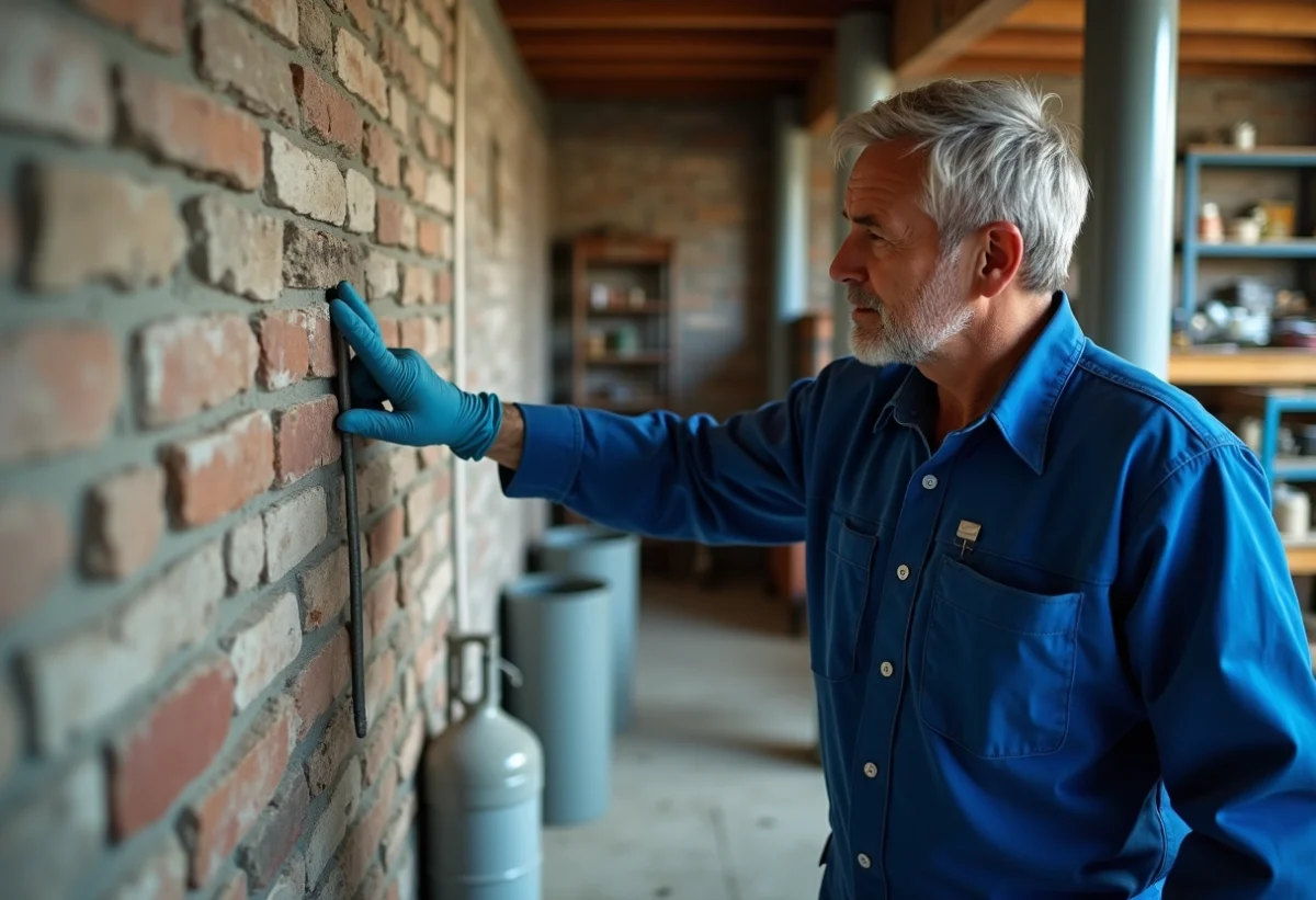 Homme en overalls appliquant un traitement sur un mur humide