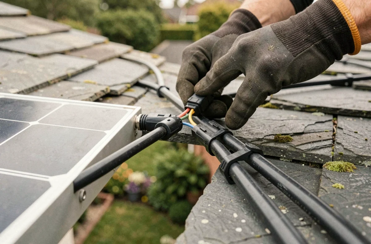 Gros plan sur le raccordement électrique de panneaux solaires avec connecteurs MC4 sur toiture ardoise