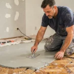 Professionnel appliquant un ragréage autonivelant sur un parquet en bois avant pose de carrelage