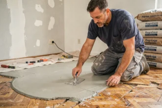 Professionnel appliquant un ragréage autonivelant sur un parquet en bois avant pose de carrelage