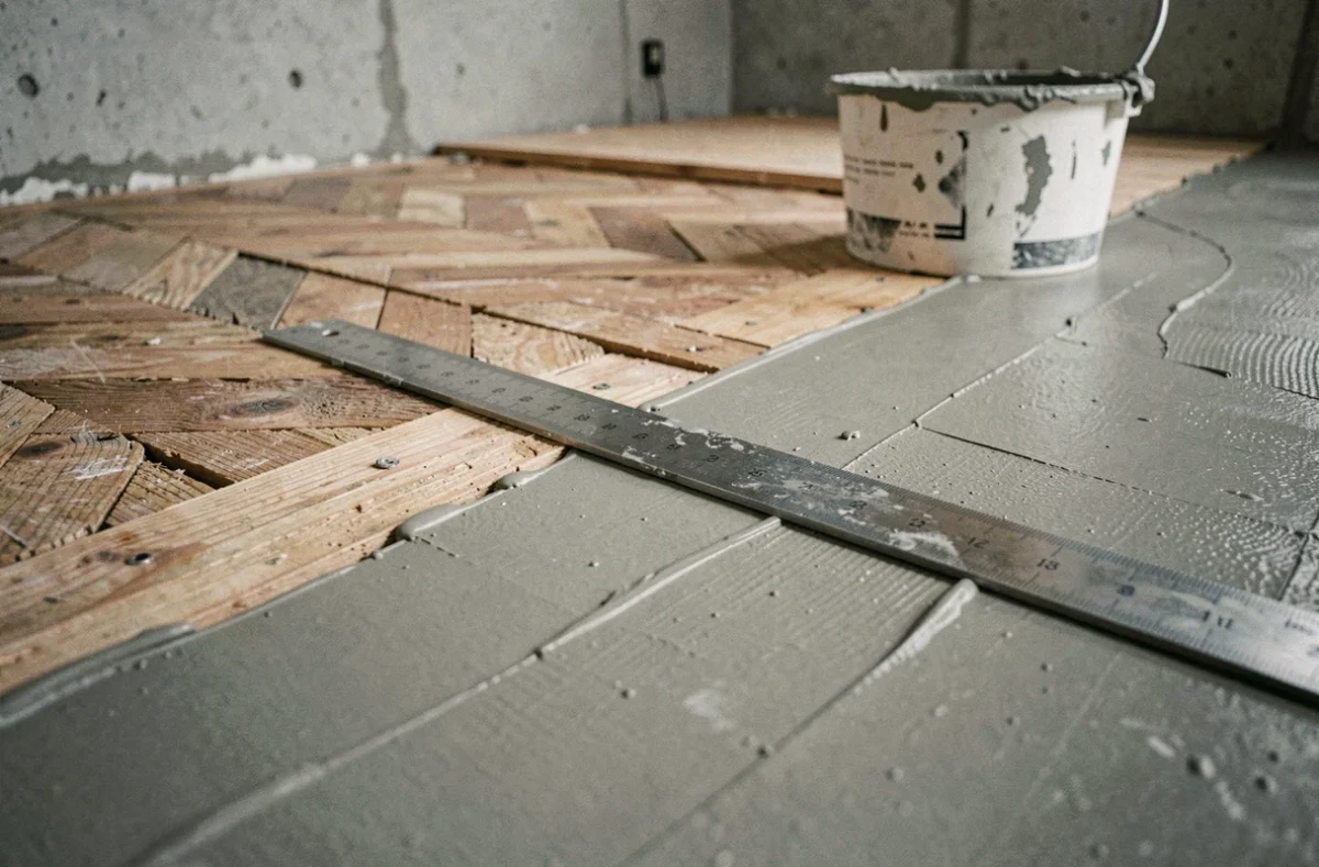 Détail de la surface de ragréage sur parquet bois avec outil de vérification du niveau