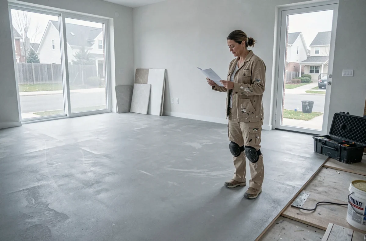 Surface de ragréage séchée sur plancher bois prête pour la pose de carrelage dans un appartement en rénovation