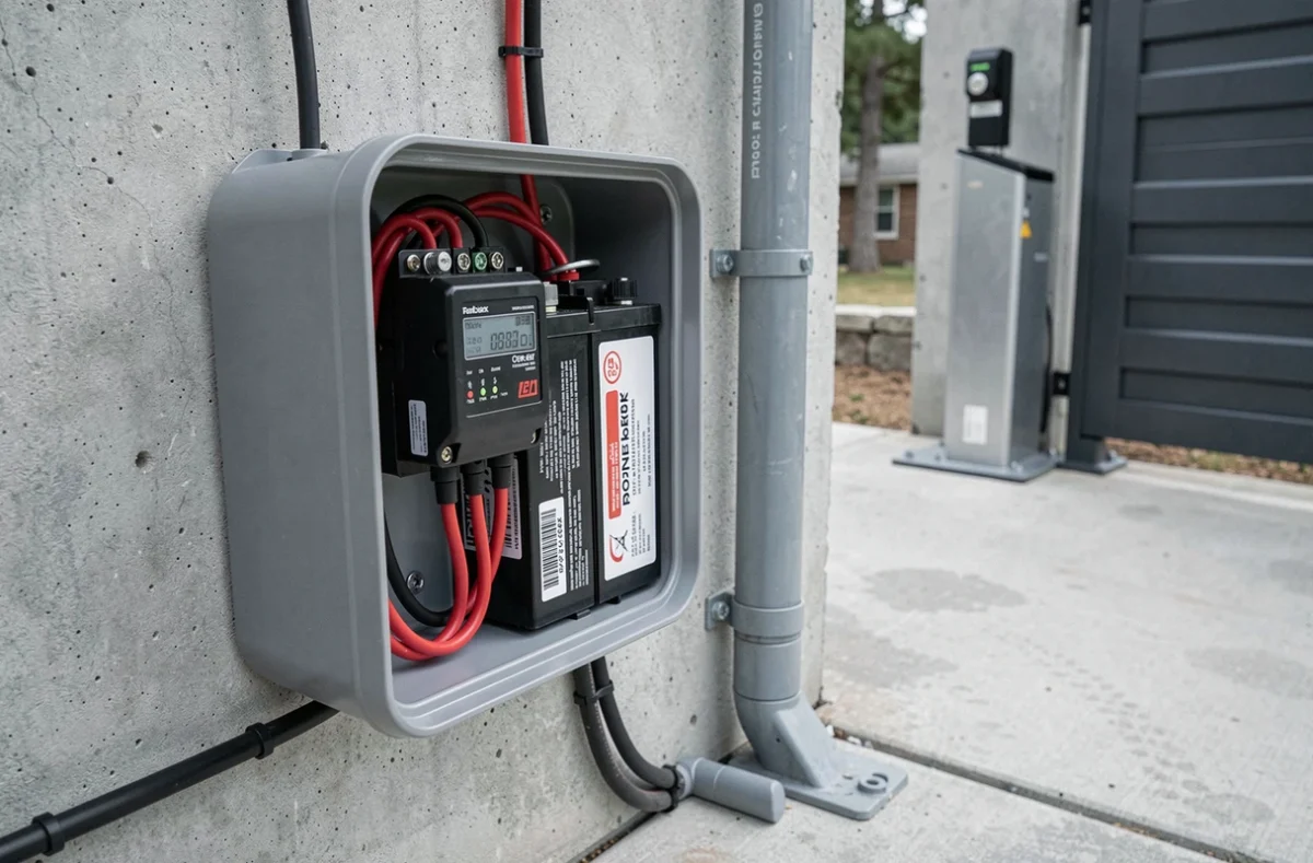 Régulateur de charge solaire et batterie installés dans un coffret étanche près d'un moteur de portail coulissant