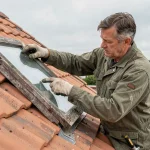 Homme remplaçant un ancien Velux sur une toiture en tuiles lors de travaux de rénovation