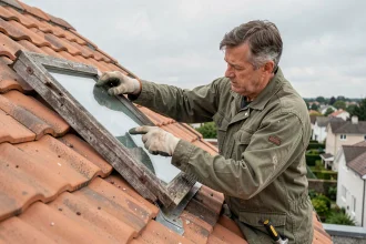 Homme remplaçant un ancien Velux sur une toiture en tuiles lors de travaux de rénovation