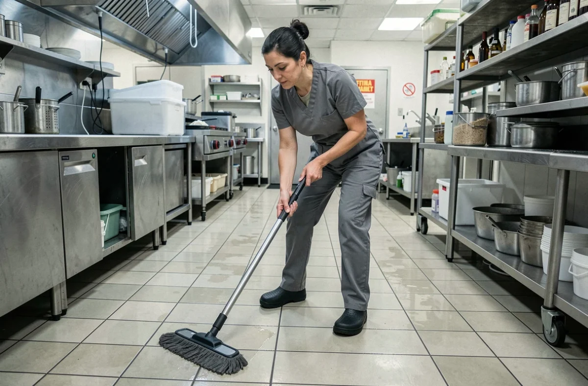 Femme de ménage portant des sabots noirs antidérapants en train de nettoyer le sol d'une cuisine professionnelle