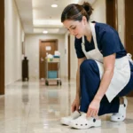 Femme de ménage en uniforme ajustant ses sabots ergonomiques blancs dans un couloir d'hôtel poli