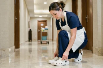 Femme de ménage en uniforme ajustant ses sabots ergonomiques blancs dans un couloir d'hôtel poli