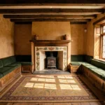 Salon Arts and Crafts restauré avec poutres en chêne, cheminée en céramique artisanale et mobilier en laine vert forêt dans une maison de campagne anglaise