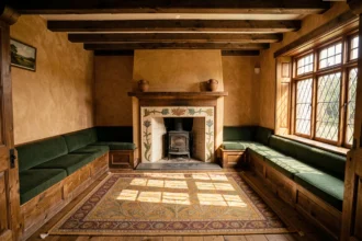 Salon Arts and Crafts restauré avec poutres en chêne, cheminée en céramique artisanale et mobilier en laine vert forêt dans une maison de campagne anglaise