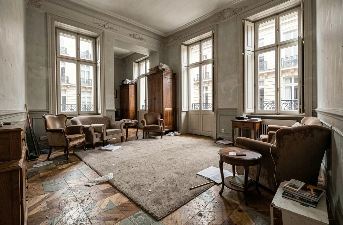 Salon mal aménagé dans un appartement haussmannien de Strasbourg montrant des erreurs courantes de décoration intérieure