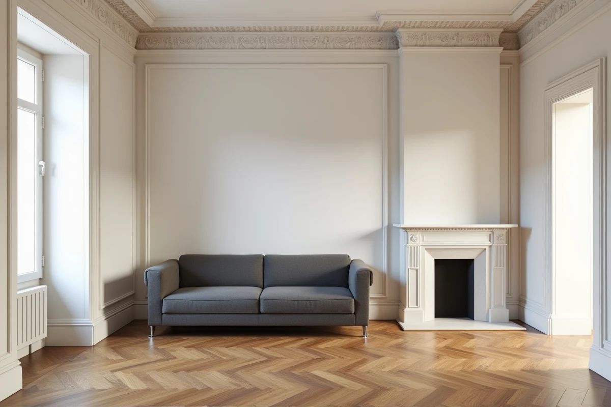 Salon rénové dans un appartement haussmannien alliant moulures anciennes et décoration contemporaine épurée
