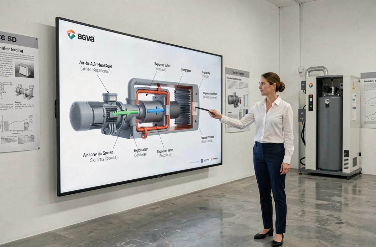 Ingénieure expliquant le fonctionnement d'une pompe à chaleur air-air sur un écran en showroom technique