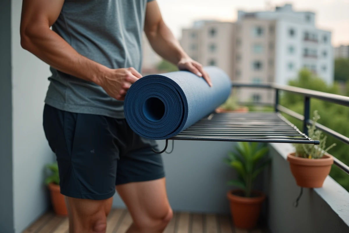 Homme suspendant un tapis de yoga bleu marine pour le faire sécher sur un balcon d'appartement