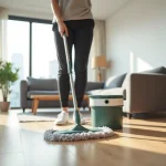 Femme utilisant une serpillière essoreuse à spin dans un grand appartement avec parquet en bois clair