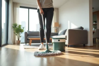 Femme utilisant une serpillière essoreuse à spin dans un grand appartement avec parquet en bois clair