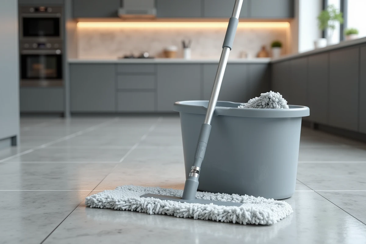 Gros plan sur une serpillière essoreuse avec seau wringer sur carrelage dans une grande cuisine moderne