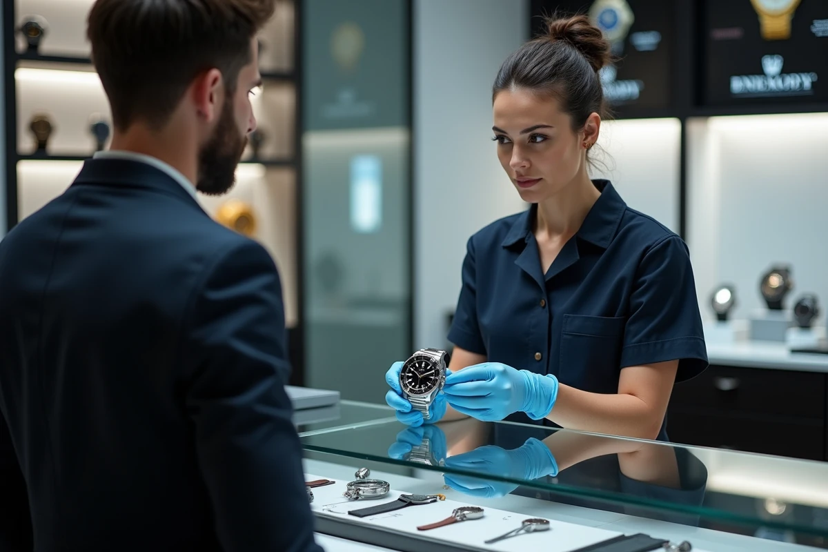 Technicienne horlogère remettant une montre étanche à un client dans un atelier de réparation professionnel