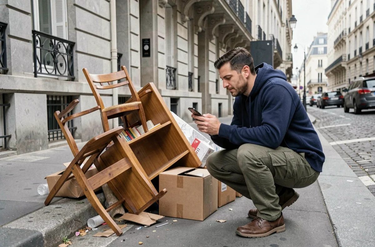 Homme photographiant des encombrants déposés sur un trottoir parisien avec son smartphone pour signaler une collecte à la mairie