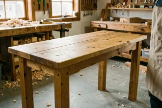 Table bar en bois massif de chêne dans un atelier de menuiserie avec détails de joints et grain naturel visible