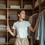 Femme mesurant l'espace d'un dressing à deux portes avec des vêtements bien organisés sur une tringle