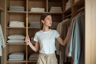 Femme mesurant l'espace d'un dressing à deux portes avec des vêtements bien organisés sur une tringle