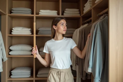 Femme mesurant l'espace d'un dressing à deux portes avec des vêtements bien organisés sur une tringle