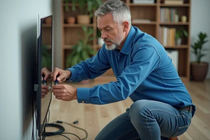 Technicien homme en bleu installant coaxial dans salon moderne