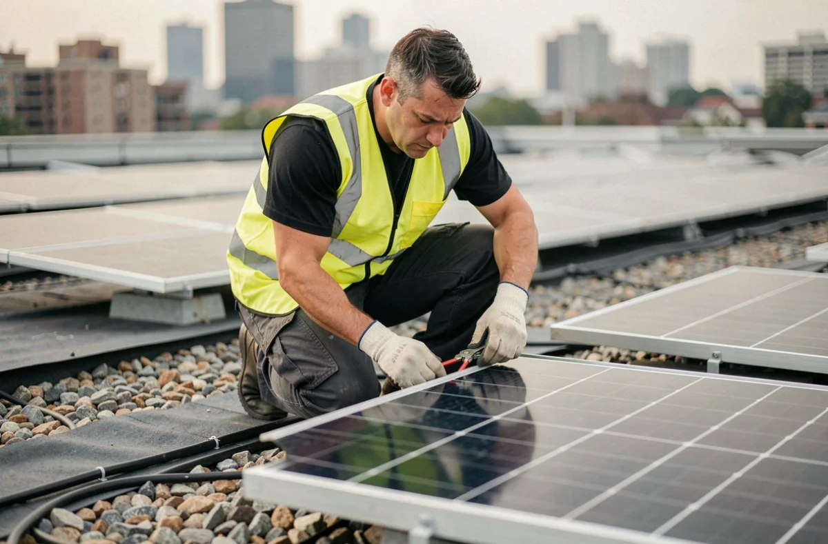 Technicien solaire installant les câbles d'un kit autoconsommation 3000W sur une toiture terrasse