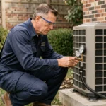 Technicien CVC lisant la pression d'une pompe à chaleur extérieure avec un manomètre professionnel