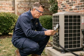 Technicien CVC lisant la pression d'une pompe à chaleur extérieure avec un manomètre professionnel