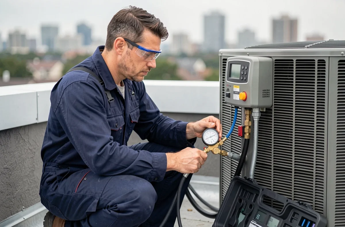 Technicien CVC contrôlant la pression d'une pompe à chaleur air-air sur une terrasse urbaine