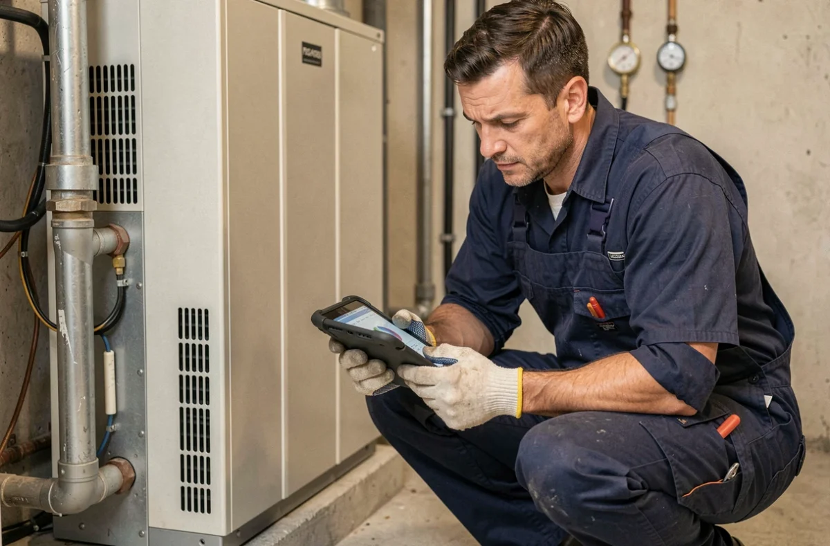 Technicien CVC vérifiant les performances d'une pompe à chaleur air-eau avec une tablette lors d'une maintenance
