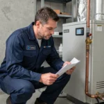Technicien HVAC inspectant une pompe à chaleur eau-eau dans une chaufferie résidentielle
